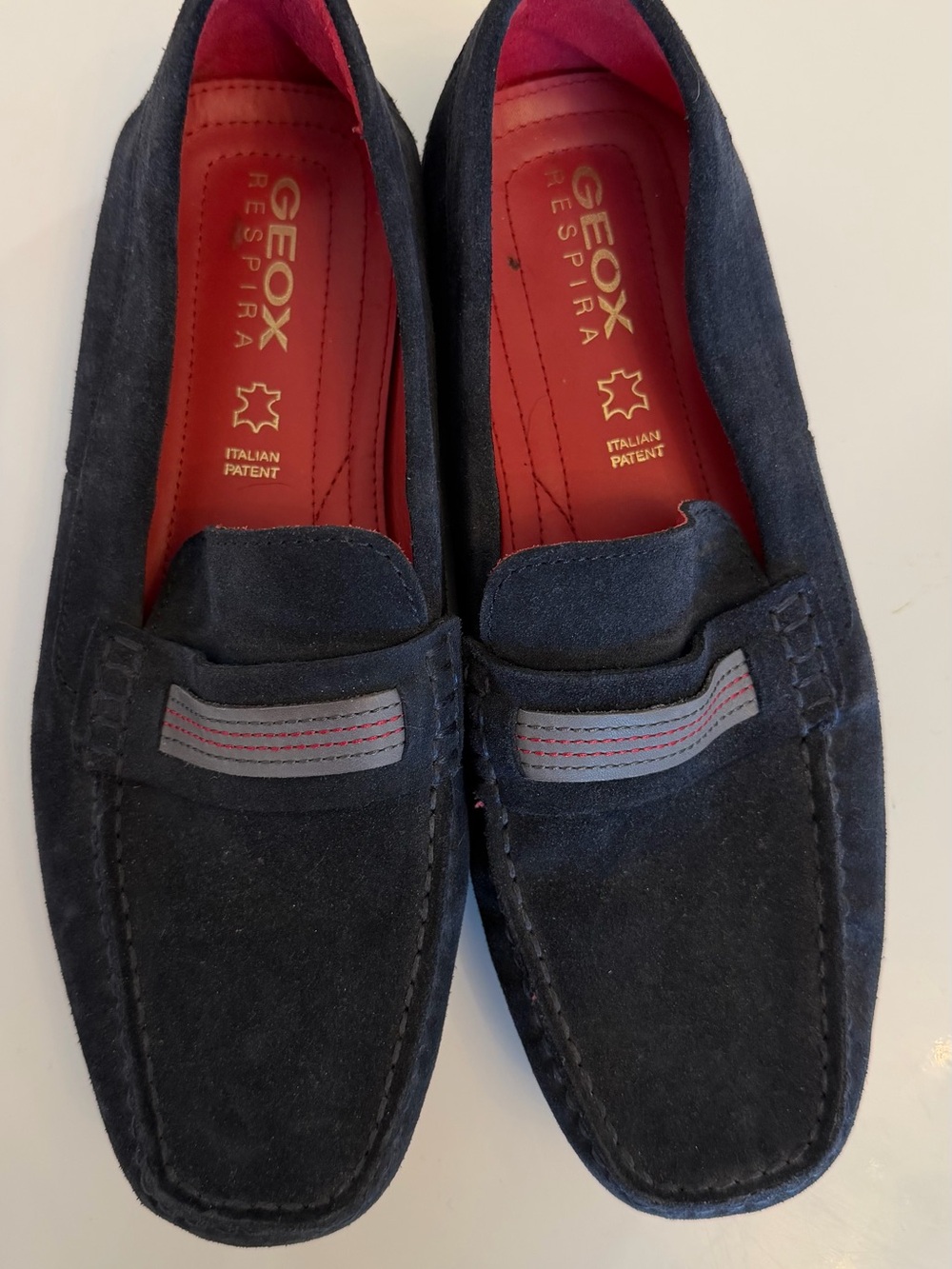 Geox Men’s Navy Suede Loafers with Red Insole and Grey Accent